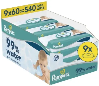 Влажные салфетки для детей Pampers 99% Water, 9 уп. по 60 шт