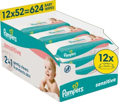 Набор влажных салфеток для детей Pampers Sensitive 2In1 Baby Wipes, 12 уп. по 52 шт