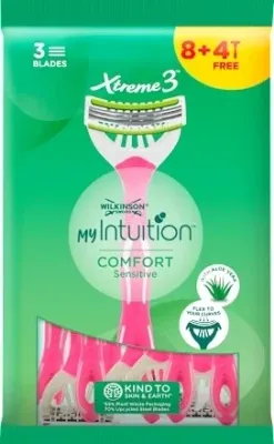 Одноразовые бритвенные станки Wilkinson Sword My Intuition Xtreme 3 Comfort Sensitive, три подвижных лезвия, розовые, 8+4 шт