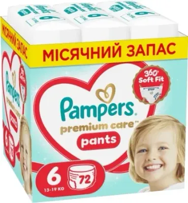 Одноразовые подгузники-трусики Pampers Premium Care Pants Giant для детей (13-19 кг), мега-упаковка, 72 шт