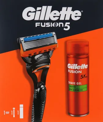Gillette Fusion 5 набор мужской для бритья: гель для бритья для чувствительной кожи 200 мл и бритва с пятью лезвиями
