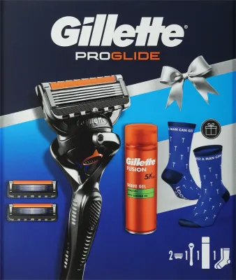 Gillette Fusion ProGlide Xmas набор мужской новогодний: гель для бритья Sensitive 200 мл, бритва ProGlide FlexBall, 2 сменные кассеты, носки
