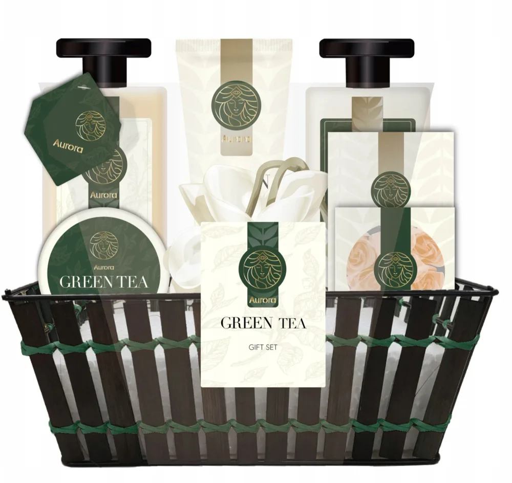 Aurora Green Tea набор для ванны и душа с зелёным чаем 8 предметов, подарочный набор для ухода за телом: гель, пена, соль, скраб, крем
