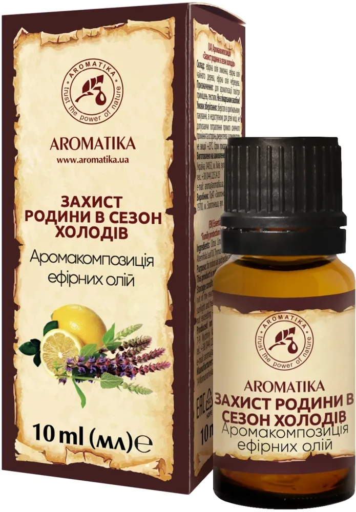 Композиция эфирных масел Aromatika «Защита семьи в сезон простуд», лимон, чайное дерево и тимьян, 10 мл