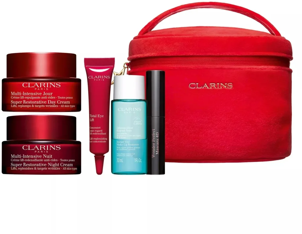 Clarins Super Restorative Luxury Collection подарочный набор для ухода за лицом и глазами: дневной и ночной крем, средство для век, тушь, 6 средств