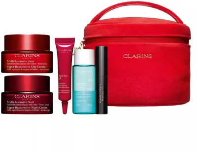 Clarins Super Restorative Luxury Collection подарочный набор для ухода за лицом и глазами: дневной и ночной крем, средство для век, тушь, 6 средств