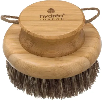 Щётка для массажа тела Hydrea London Bamboo Round Body Brush, круглая, конский волос и волокна кактуса, тёмный ворс, 1 шт