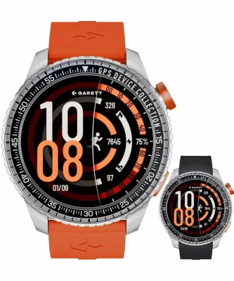 Смарт-часы мужские Garett Smartwatch Compass GPS Silver, с чёрным ремешком, оранжевые