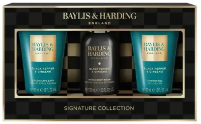 Baylis & Harding Baylis & Harding Black Pepper & Ginseng Men's Luxury Mini Trio (h/b/wash/100 мл + ash/balm/50 мл + sh/gel/50 мл) - Мужской набор Baylis Harding Black Pepper, Ginseng Men's Luxury Mini Trio: гель для волос и тела, бальзам после бритья, гель для душа