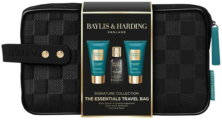 Baylis & Harding Baylis & Harding Black Pepper & Ginseng Men's The Essentials Travel Wash Bag - Мужской набор Baylis Harding Black Pepper, Ginseng Men's The Essentials Travel Wash Bag, 4 продукта
