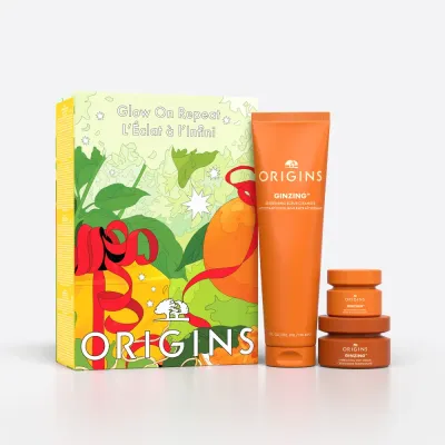 Origins GinZing набор Glow on Repeat: крем 30 мл, крем для глаз 15 мл и скраб 150 мл, для сияния кожи
