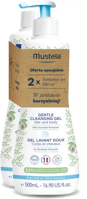 Mustela Bebe набор: гель для мытья волос и тела детский 2 x 500 мл, мягкий детский гель с дозатором и сменным флаконом