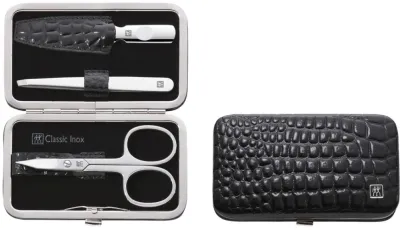 Дорожный набор для маникюра Zwilling Beauty Classic Inox, в чёрном кожаном футляре с текстурой крокодиловой кожи, 3 предмета