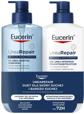 Набор Eucerin UreaRepair для очень сухой кожи: гель для мытья с 5% мочевины, 400 мл, и эмульсия для тела с 10% мочевины, 400 мл