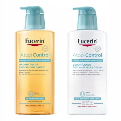 Eucerin AtopiControl набор для очень сухой кожи: успокаивающее масло для душа и лосьон для тела, от зуда, для детей и взрослых, 2 x 400 мл