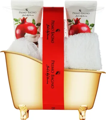 Primo Bagno Bath and Body Series Pomegranate Coconut подарочный набор с ароматом граната и кокоса: соль для ванн, гель для волос и тела, лосьон, полотенце, мочалка