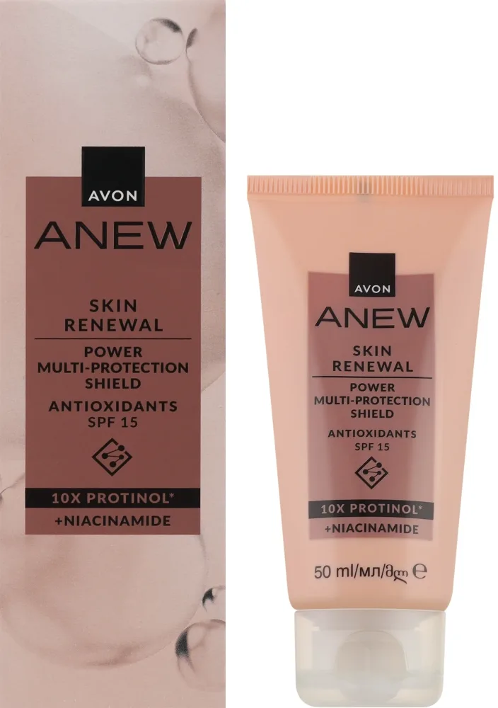 Avon Anew Skin Renewal Power Multi Protection Shield крем для лица дневной обновляющий укрепляющий с Протинолом SPF15, туба 50 мл