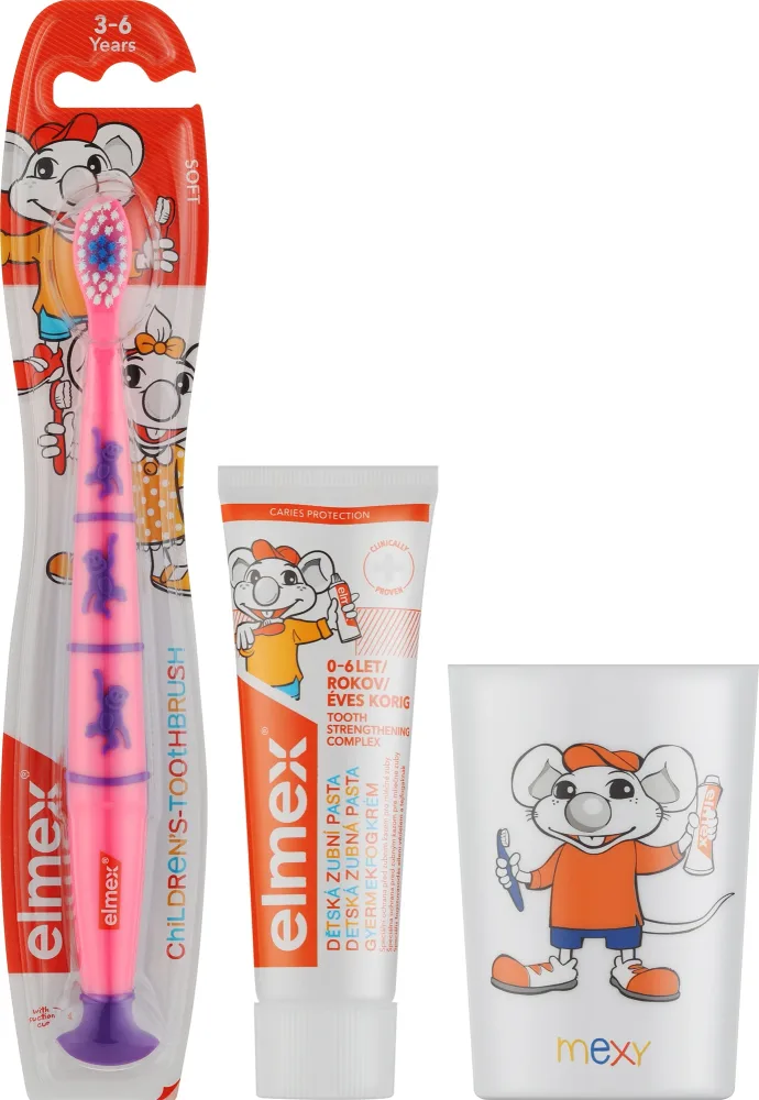 Набор для детей от 3 до 6 лет Elmex Kids с розовой зубной щёткой: зубная паста 50 мл, зубная щётка и стаканчик