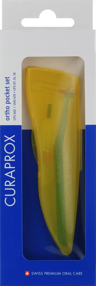 Набор межзубных ершиков Curaprox CPS 460 Ortho Pocket Set с держателем, в жёлтом футляре