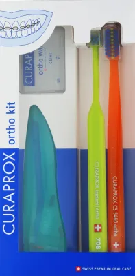 Curaprox Ortho Kit 12 набор для ухода за полостью рта при брекетах: зубная щётка, межзубные ёршики 07, 14, 18, UHS, ортодонтический воск, футляр