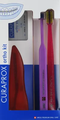 Curaprox Ortho Kit 13 набор для ухода за полостью рта при брекетах: зубная щётка, межзубные ёршики 07, 14, 18, UHS, ортодонтический воск, футляр