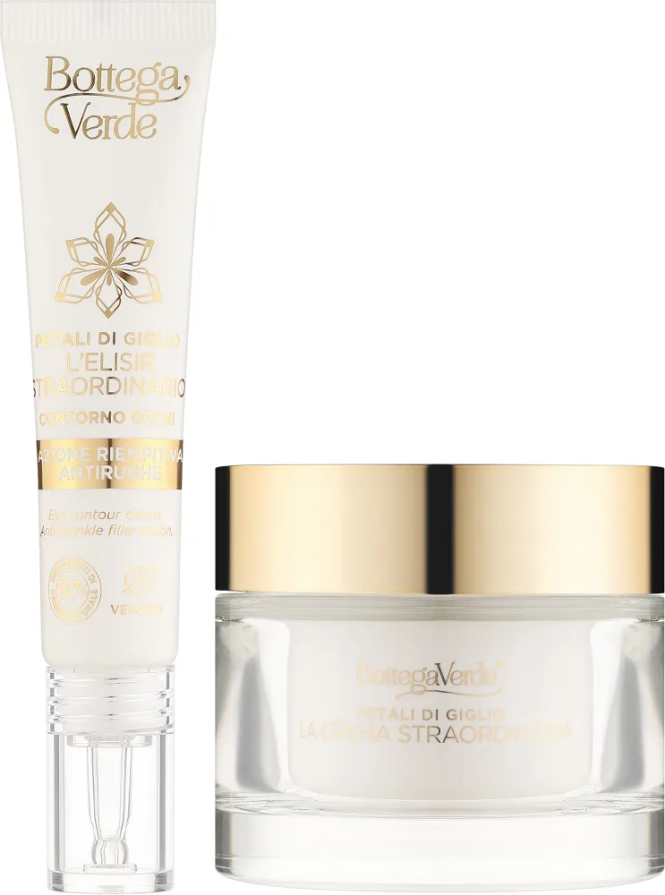 Bottega Verde Petali Di Giglio набор для лица: крем для лица дневной и ночной 50 мл и крем для кожи вокруг глаз 10 мл, с гиалуроновой кислотой и лилией