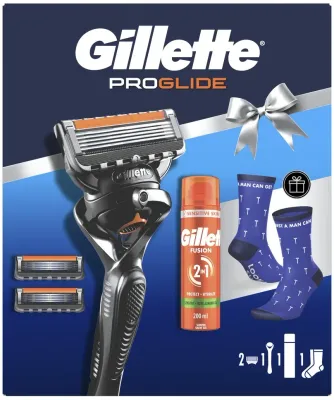 Набор Gillette Fusion Proglide Xmas: гель для бритья 200 мл, бритвенный станок, 2 лезвия, носки