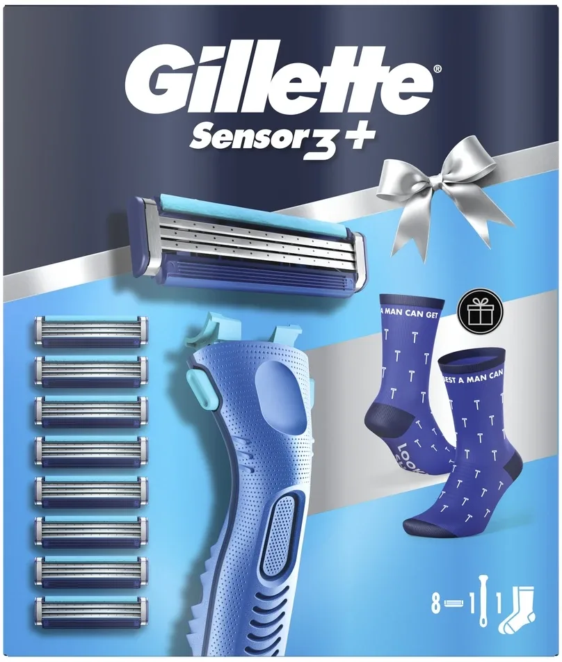 Набор для бритья Gillette Sensor 3+ Comfort: бритва 1 шт., лезвия 8 шт. и носки