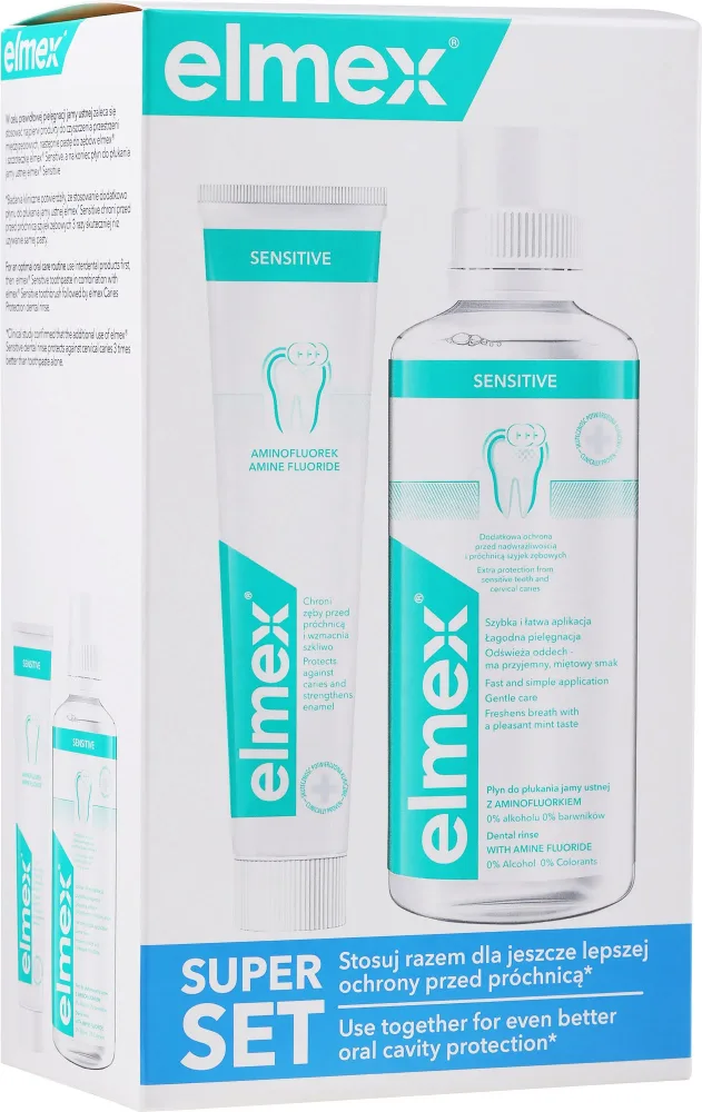 Elmex Sensitive набор для чувствительных зубов: ополаскиватель Sensitive Plus 400 мл и зубная паста с аминофторидом 75 мл, защита от кариеса