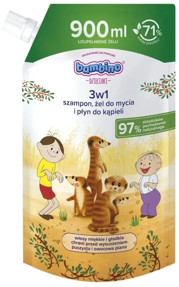 Шампунь, гель для мытья и жидкость для ванны 3 в 1 Bambino Refill для детей «Сурикаты», сменный блок, 900 мл