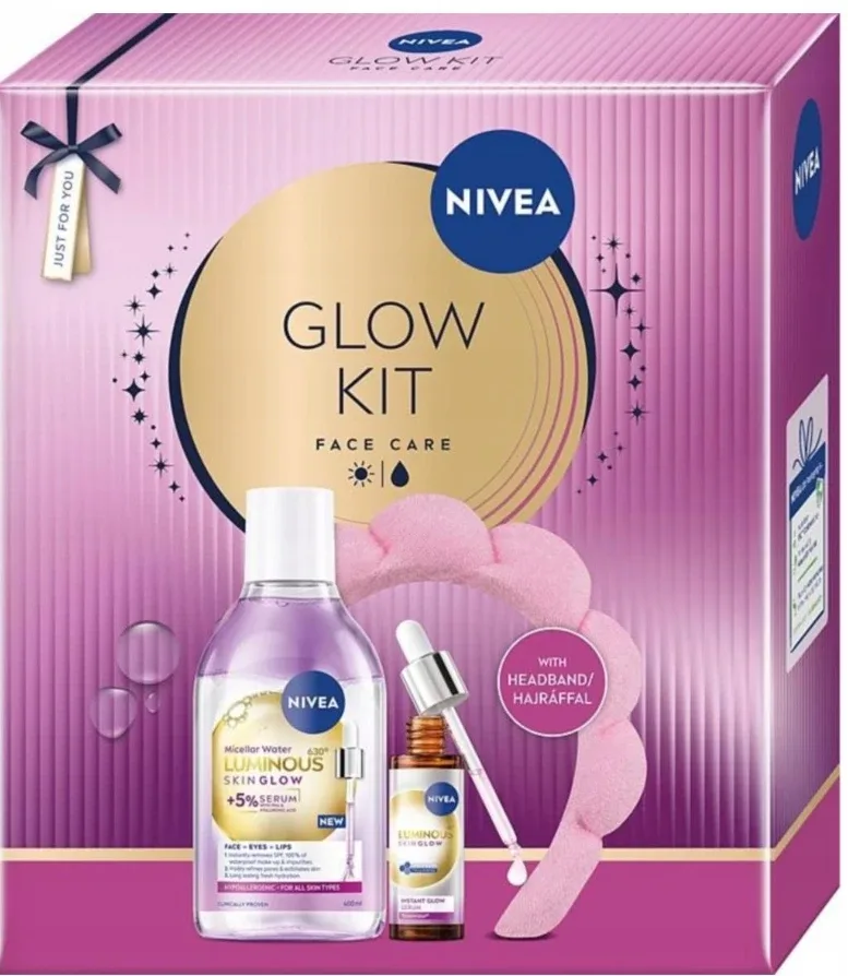 Набор NIVEA Glow Kit: мицеллярная вода 400 мл, сыворотка 30 мл и повязка на голову
