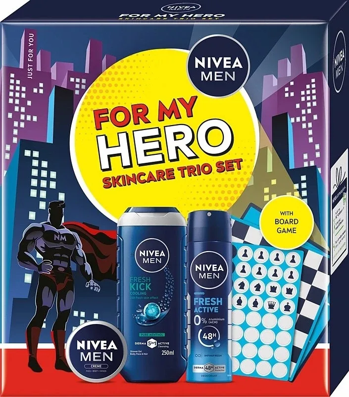 Набор Nivea Men For My Hero Skincare Trio Set: гель для душа 250 мл, крем 150 мл, дезодорант-спрей 150 мл