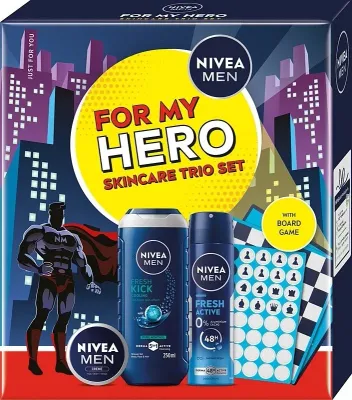 Набор Nivea Men For My Hero Skincare Trio Set: гель для душа 250 мл, крем 150 мл, дезодорант-спрей 150 мл
