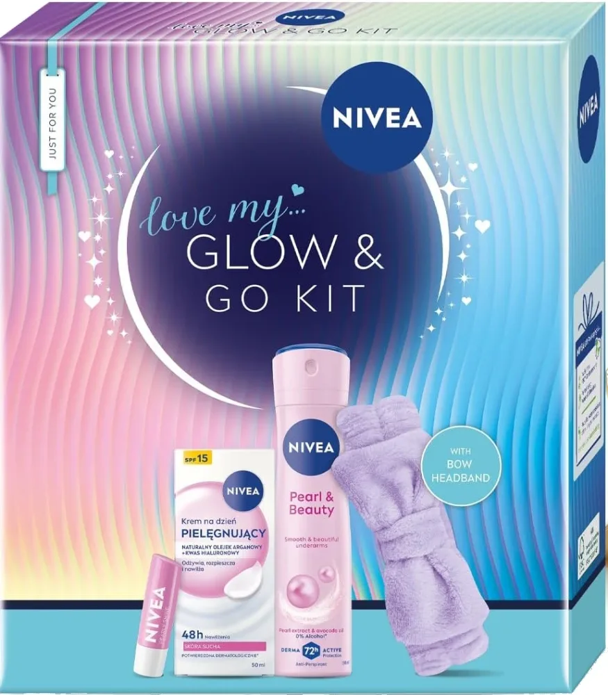 Набор Nivea Love My Glow и Go Kit: крем 50 мл, дезодорант-спрей 150 мл, бальзам для губ 4,8 г и аксессуар