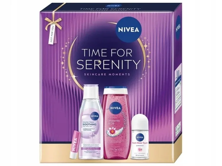 Набор Nivea Time For Serenity: гель для душа 250 мл, мицеллярная вода 200 мл, дезодорант 50 мл и бальзам для губ 4,8 г