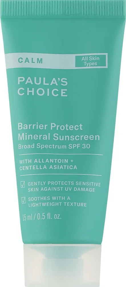 Paula's Choice Barrier Protect Mineral Sunscreen SPF30 минеральный солнцезащитный крем для лица, для чувствительной кожи, с пребиотиками и центеллой, 15 мл / 60 мл
