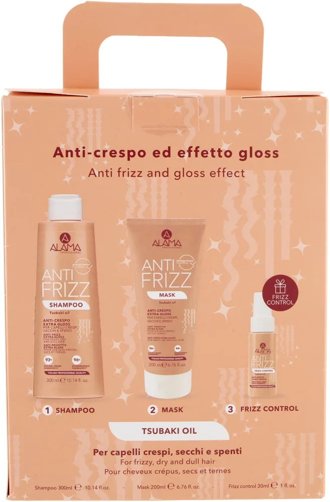 Набор против пушения волос Alama Anti Frizz: шампунь, 300 мл, маска, 200 мл, спрей, 30 мл
