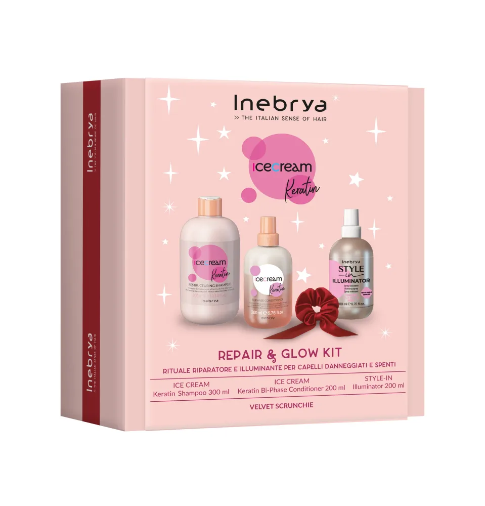 Набор для волос Inebrya Ice Cream Keratin Repair и Glow Kit: шампунь 300 мл, кондиционер 200 мл, спрей 200 мл и аксессуар