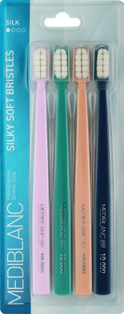 Набор зубных щёток Mediblanc Silky Soft Bristles, 4 шт.: светло-фиолетовая, зелёная, персиковая, тёмно-синяя