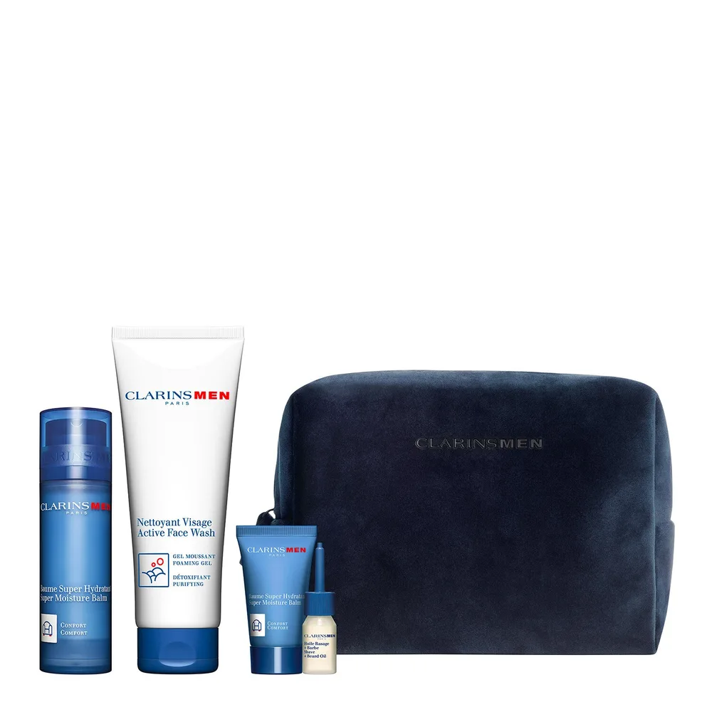 Clarins ClarinsMen Hydration — подарочный набор для мужчин: увлажняющий бальзам, гель для умывания и масло для бритья, 50 мл + 125 мл + 12 мл + 3 мл