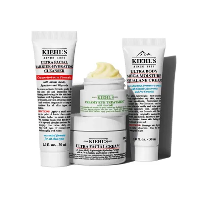 Kiehl's Bestsellers Travel Set дорожный набор: гель для умывания, крем для лица, крем для век с авокадо и крем для тела со скваланом, 30 мл + 30 мл + 28 мл + 14 мл Kiehl's Since 1851 Bestsellers