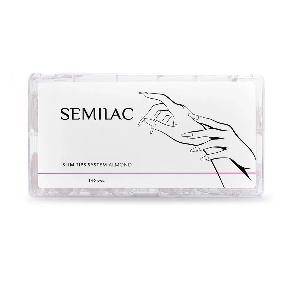 Типсы для наращивания ногтей Semilac Slim Tips System Almond тонкие прозрачные, форма миндаль, 12 размеров, 240 шт