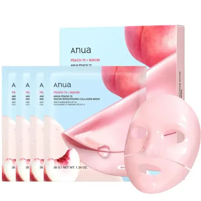 Гидрогелевая маска для лица Anua Peach 70 Niacin Brightening Collagen Mask для сияния, с коллагеном и ниацинамидом, персиковая, набор 4 шт