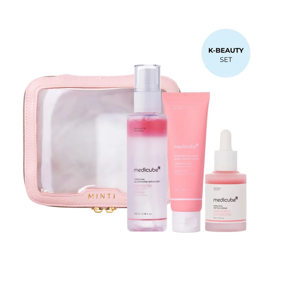 Набор для лица Medicube PDRN Set: крем PDRN Pink Hyaluronic + сыворотка PDRN Pink Peptide + мист PDRN Pink Glutathione + косметичка Travel Bag Medium