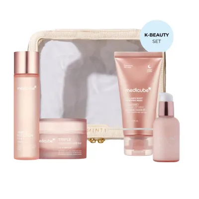 Набор для лица Medicube Triple Collagen Set: тоник + сыворотка + крем + ночная маска + косметичка Large Travel Bag Vanilla, для зрелой кожи