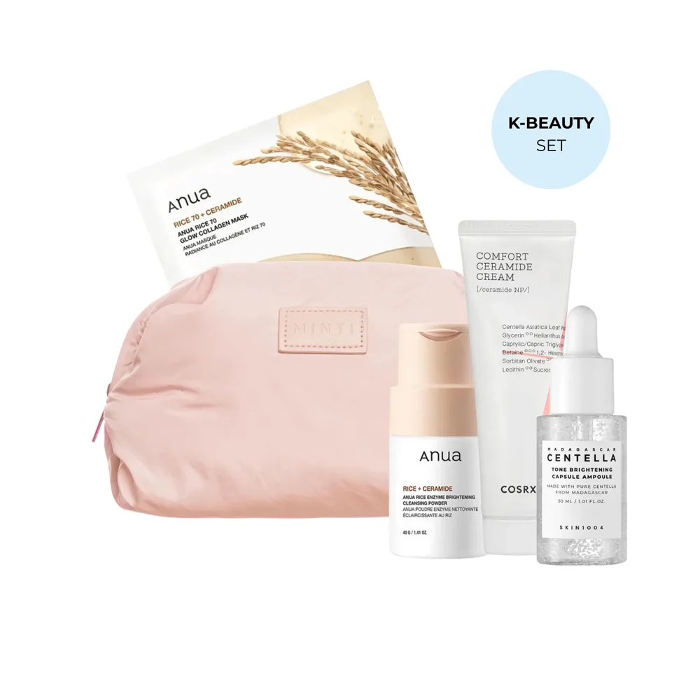 Набор корейского ухода за лицом K-Beauty Smoothing Set рисовая маска, крем с церамидами, ампула, очищающая пудра и розовая косметичка