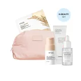 Набор корейского ухода за лицом K-Beauty Smoothing Set рисовая маска, крем с церамидами, ампула, очищающая пудра и розовая косметичка — фото 1