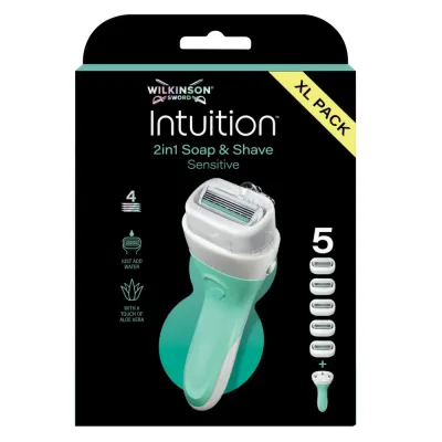 Бритва женская Wilkinson Sword Intuition Sensitive 4 лезвия, встроенная мыльная обойма, станок и 5 сменных кассет