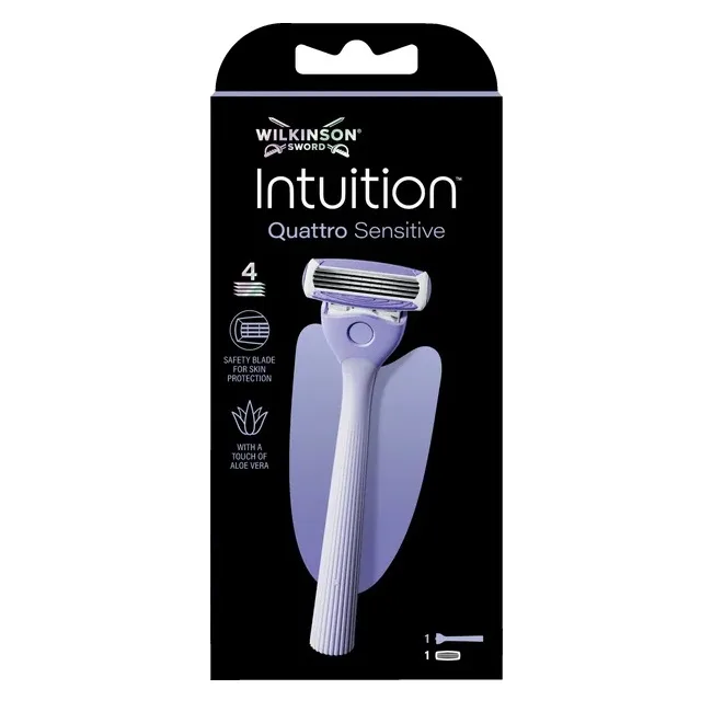 Бритва женская Wilkinson Sword Intuition Quattro Sensitive 4 лезвия, подвижная головка, увлажняющая полоска с алоэ и витамином E