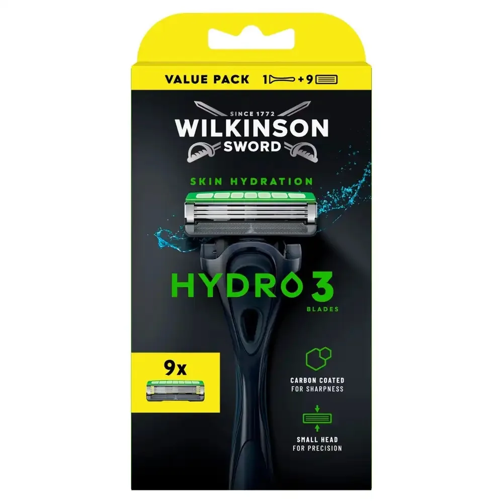 Бритва мужская Wilkinson Sword Hydro 3 Skin Hydration 3 лезвия с угольным покрытием и увлажняющим гелем, станок и 9 сменных кассет